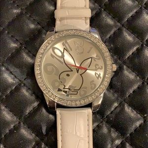 Playboy Silver Diamond Encrusted Logo Watch